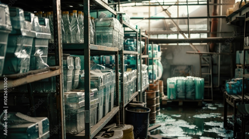Industrial warehouse with goods stored in transparent containers Industrial warehouse with goods stored in transparent containers