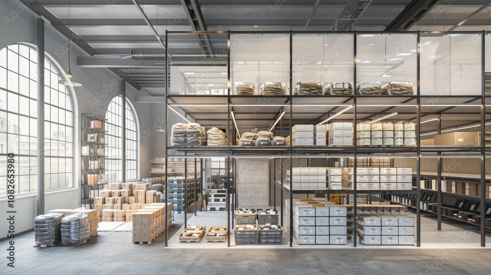 Industrial warehouse with goods stored in transparent containers