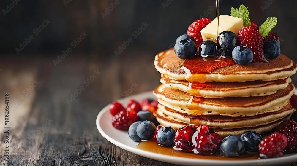 Fluffy Pancakes Stacked with Fresh Berries and Melted Butter Drizzled in Maple Syrup Fluffy Pancakes Stacked with Fresh Berries and Melted Butter Drizzled in Maple Syrup