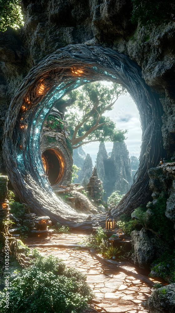 Obraz premium 3D Illustration Fantasy Portal, Lush Landscape, Stone Path