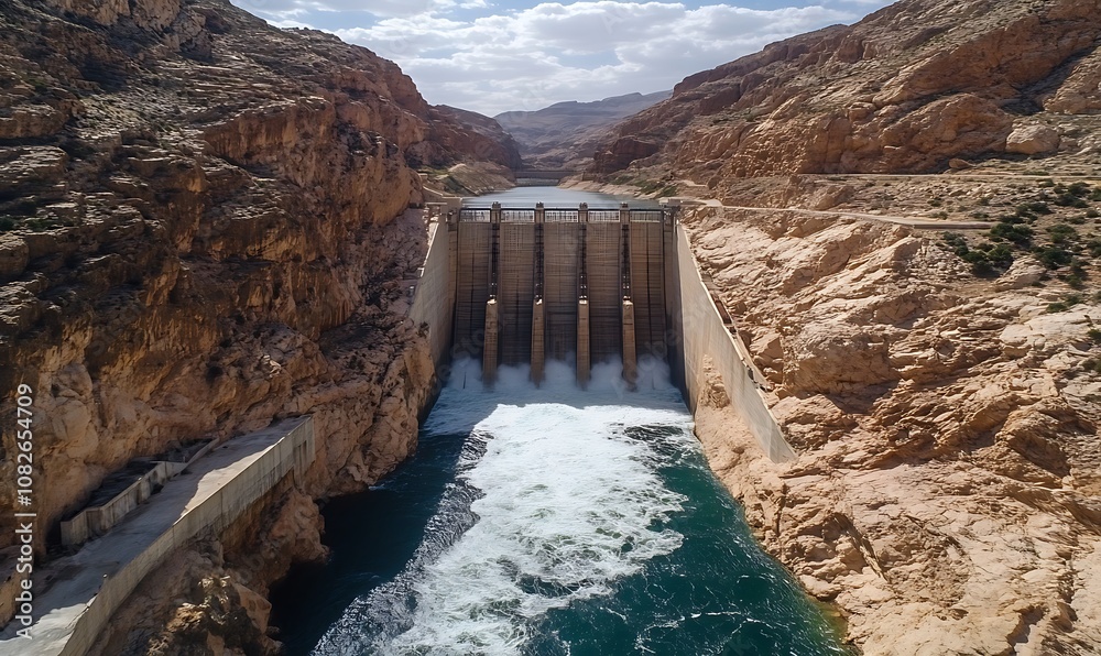 A dam releasing water, surrounded by rocky terrain and mountains. A dam releasing water, surrounded by rocky terrain and mountains.
