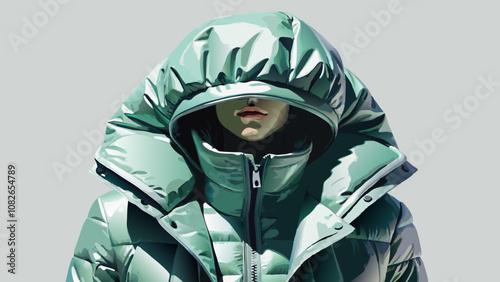 Women's puffer coat with a hood and silver-gray velvet lining, in a light green color on a white background, product photography. 