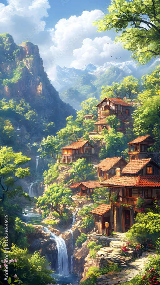 Illustration - Mountain Village Waterfall Scenery Landscape Illustration - Mountain Village Waterfall Scenery Landscape