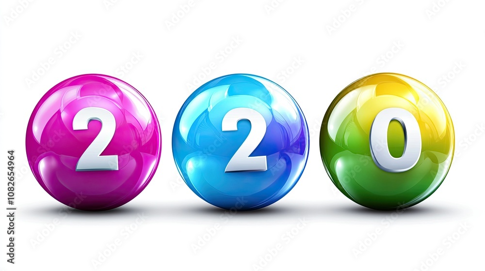 Three Colorful and Glossy Balls Featuring the Numbers 2, 2, and 0 on a Bright White Background Perfect for Celebratory Themes and Event Decorations Three Colorful and Glossy Balls Featuring the Numbers 2, 2, and 0 on a Bright White Background Perfect for Celebratory Themes and Event Decorations