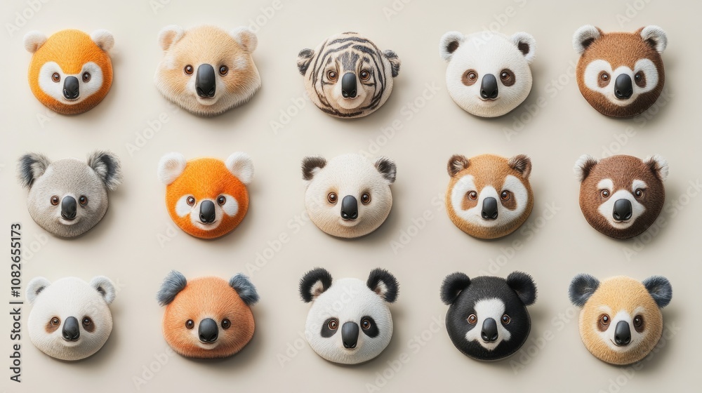 Charming display of 20 round-faced animals, from koalas to pandas, each with distinct, cute features, set against a light, neutral background. Charming display of 20 round-faced animals, from koalas to pandas, each with distinct, cute features, set against a light, neutral background.