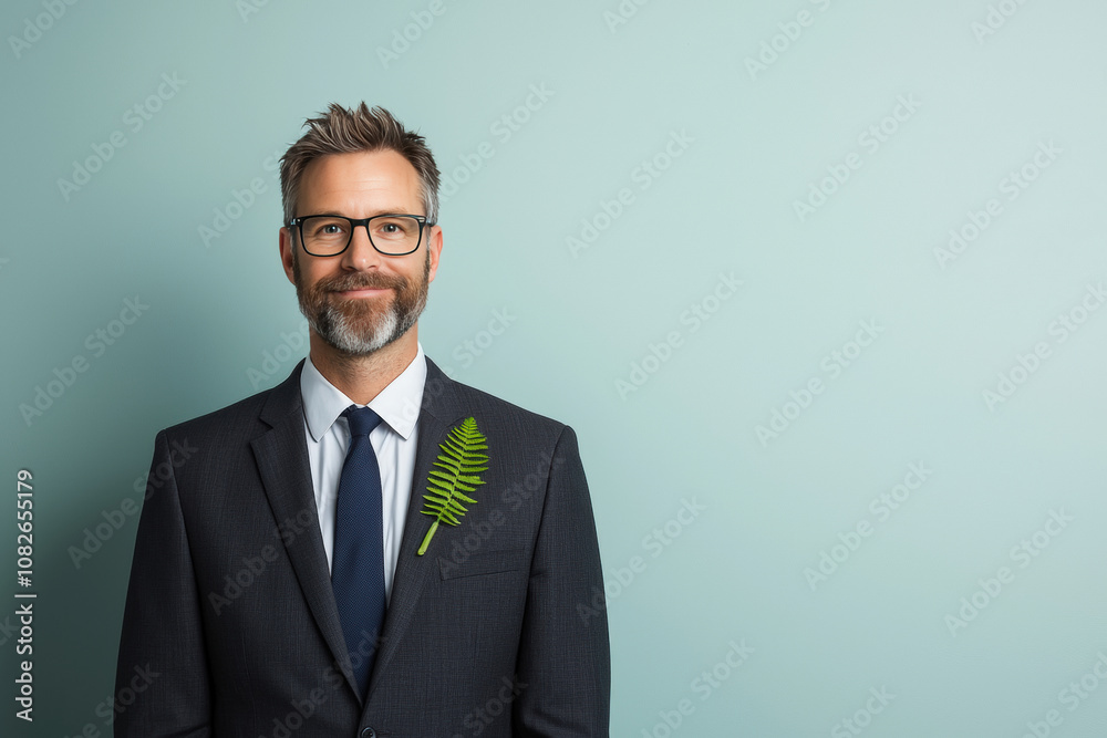 professional man in suit with glasses, smiling confidently against light blue background, featuring fern on his lapel, symbolizing blend of nature and professionalism