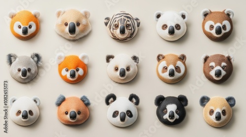 Charming display of 20 round-faced animals, from koalas to pandas, each with distinct, cute features, set against a light, neutral background.