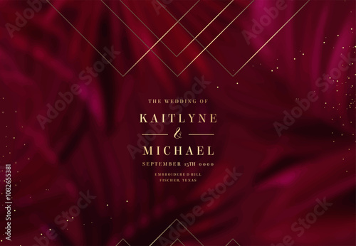Bright magenta tropical leaves foliage vector background. Burgundy red wedding invitation frame. Art deco card with gold geometric ornament. Wine colored save the date. Elegant party template