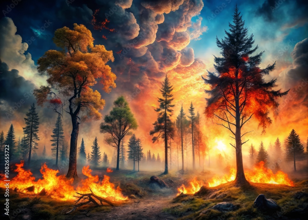 Surreal Concept Image of Climate Change Impact on Forests with Dramatic Fire Scenes and Melting Landscapes, Illustrating the Urgency of Environmental Awareness and Action Surreal Concept Image of Climate Change Impact on Forests with Dramatic Fire Scenes and Melting Landscapes, Illustrating the Urgency of Environmental Awareness and Action