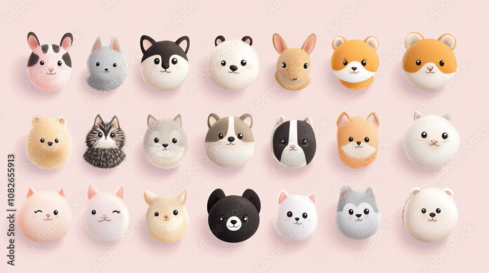 Cute lineup of 20 animals with round, friendly faces, including various species, showcasing their endearing features on a soft, pastel-colored background Cute lineup of 20 animals with round, friendly faces, including various species, showcasing their endearing features on a soft, pastel-colored background