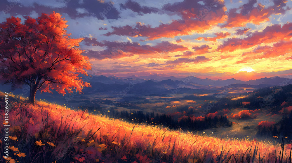 Obraz premium Illustration of Autumn Sunset over Mountain Valley