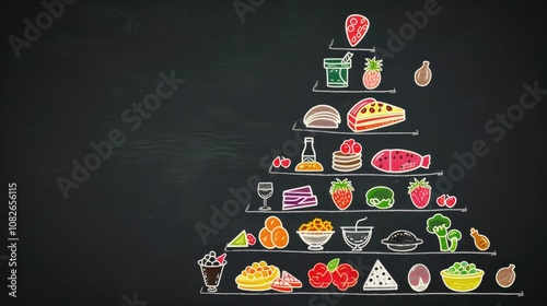 Infographic of a balanced diet with food icons on a chalkboard