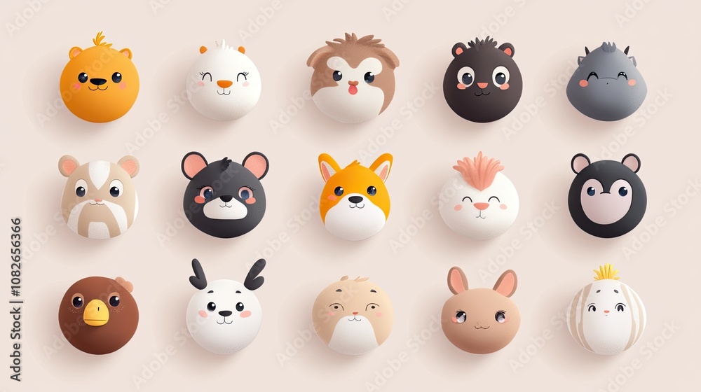 Fun and engaging collection of 20 animals with round faces, each rendered with a unique expression, against a simple, clean backdrop for a whimsical look Fun and engaging collection of 20 animals with round faces, each rendered with a unique expression, against a simple, clean backdrop for a whimsical look