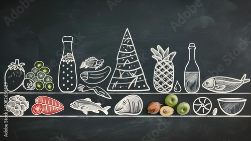 Infographic of a balanced diet with food icons on a chalkboard