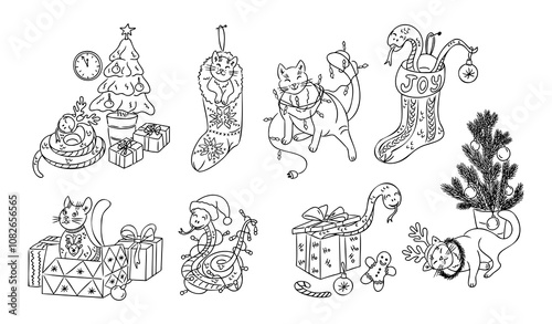 Funny contour doodle cats and snakes with Christmas decorations. Vector hand drawn lights, gifts, sock and animals isolated on white background. Childish composition for coloring pages, stickers