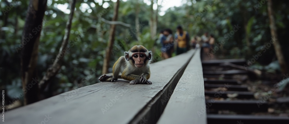 Obraz premium A curious monkey perched on a wooden walkway peers ahead amidst lush greenery, capturing a moment of wonder in the jungle.