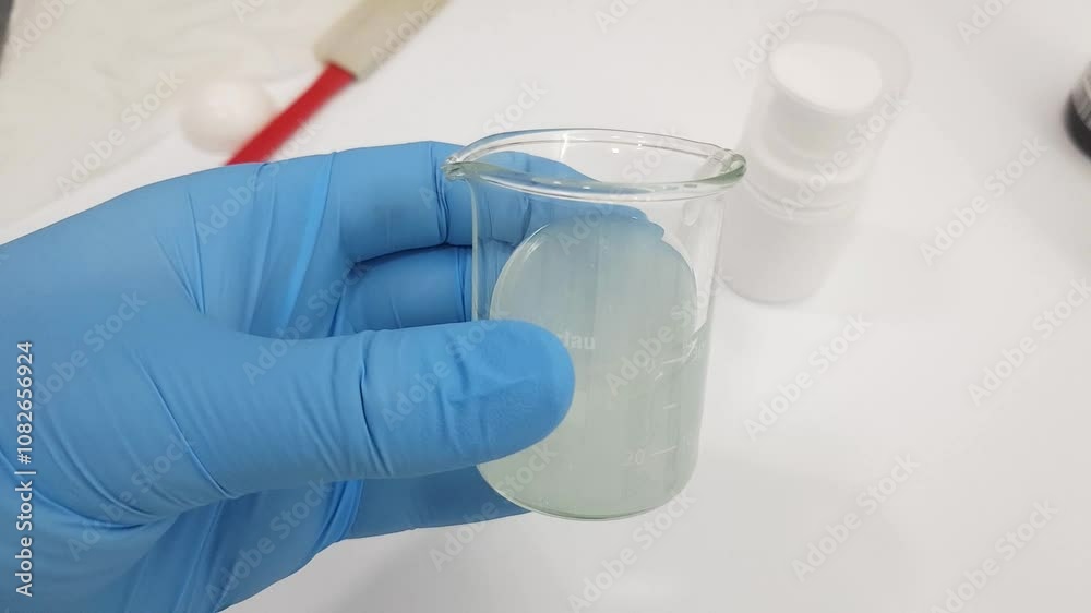 A close-up shot of a laboratory beaker filled with a turbid liquid. A gloved hand holds the beaker carefully, highlighting the experiment taking place in a professional chemistry lab. Perfect for scie A close-up shot of a laboratory beaker filled with a turbid liquid. A gloved hand holds the beaker carefully, highlighting the experiment taking place in a professional chemistry lab. Perfect for scie