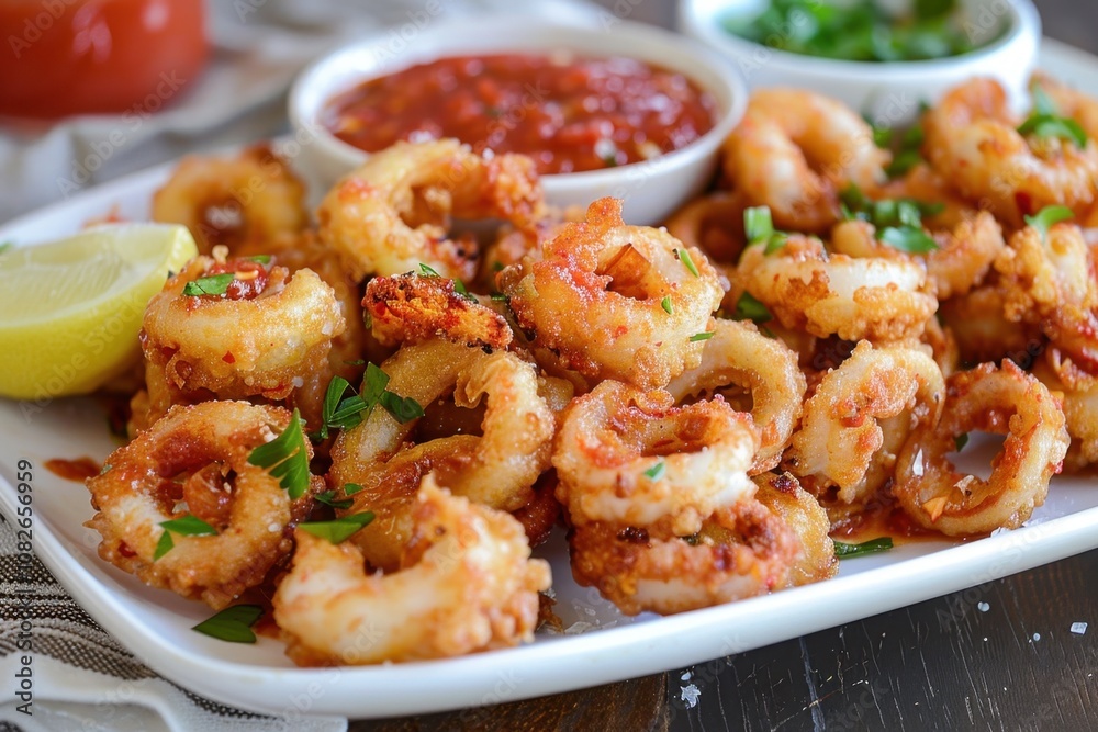 Crispy fried calamari served with marinara sauce and fresh lemon garnishes at a coastal seafood restaurant Crispy fried calamari served with marinara sauce and fresh lemon garnishes at a coastal seafood restaurant