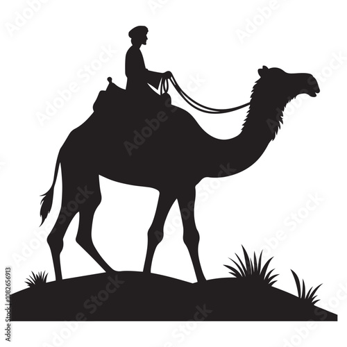 Person riding a camel silhouette vector art black color design and solid white background 