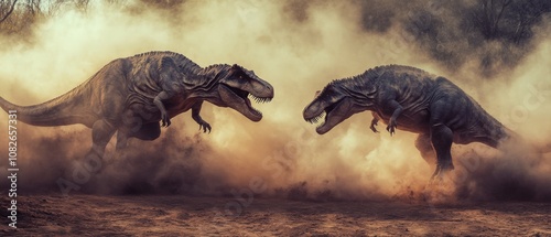 Fototapeta Naklejka Na Ścianę i Meble -  Two dinosaurs locked in an epic duel surrounded by swirling dust, conveying a sense of fierce, prehistoric power and drama.