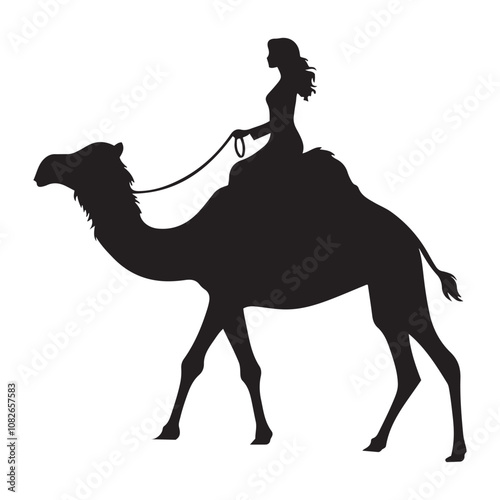 Person riding a camel silhouette vector art black color design and solid white background  photo