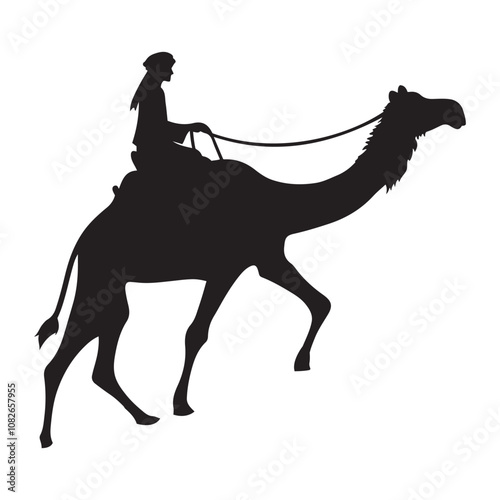 Person riding a camel silhouette vector art black color design and solid white background 