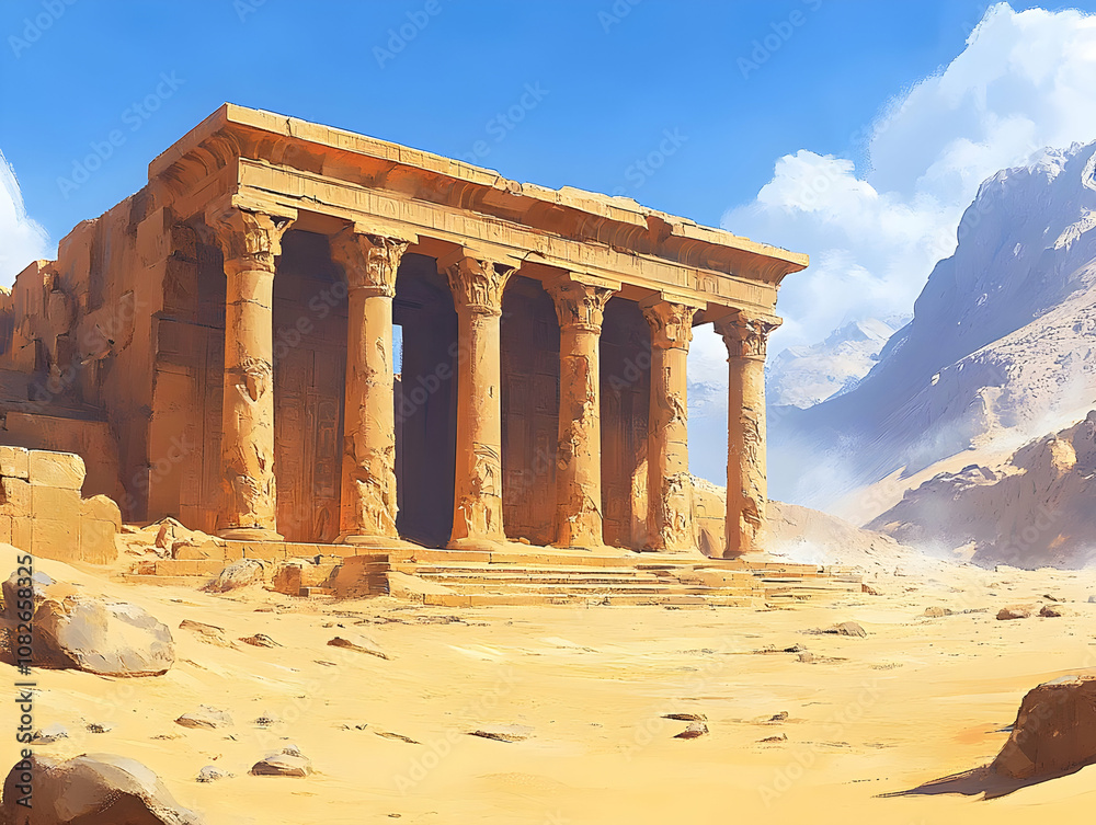 Fototapeta premium Illustration Ancient Desert Temple Ruins Landscape