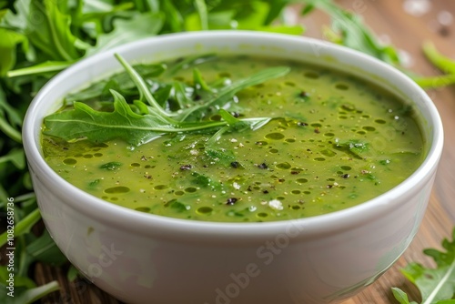 Green soup seasoned with fresh rocket and olive oil served in a white bowl