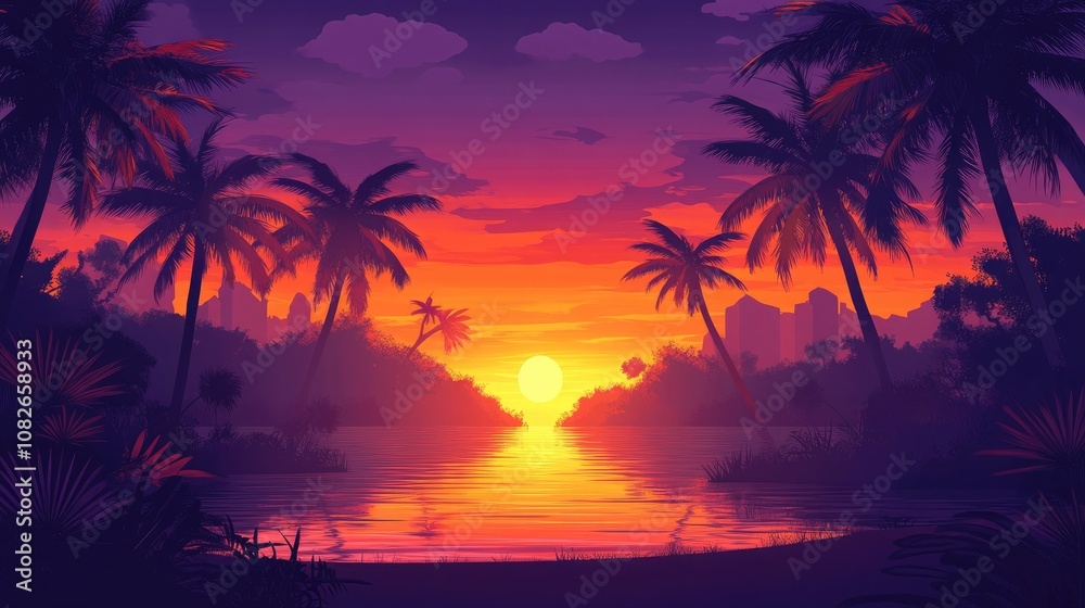 Tropical Sunset with Silhouetted Palm Trees and Vibrant Sky Reflected on Calm Waters, Capturing the Beautiful Colors of Orange, Purple, and Red Hues for a Perfect Beach Paradise Scene Tropical Sunset with Silhouetted Palm Trees and Vibrant Sky Reflected on Calm Waters, Capturing the Beautiful Colors of Orange, Purple, and Red Hues for a Perfect Beach Paradise Scene