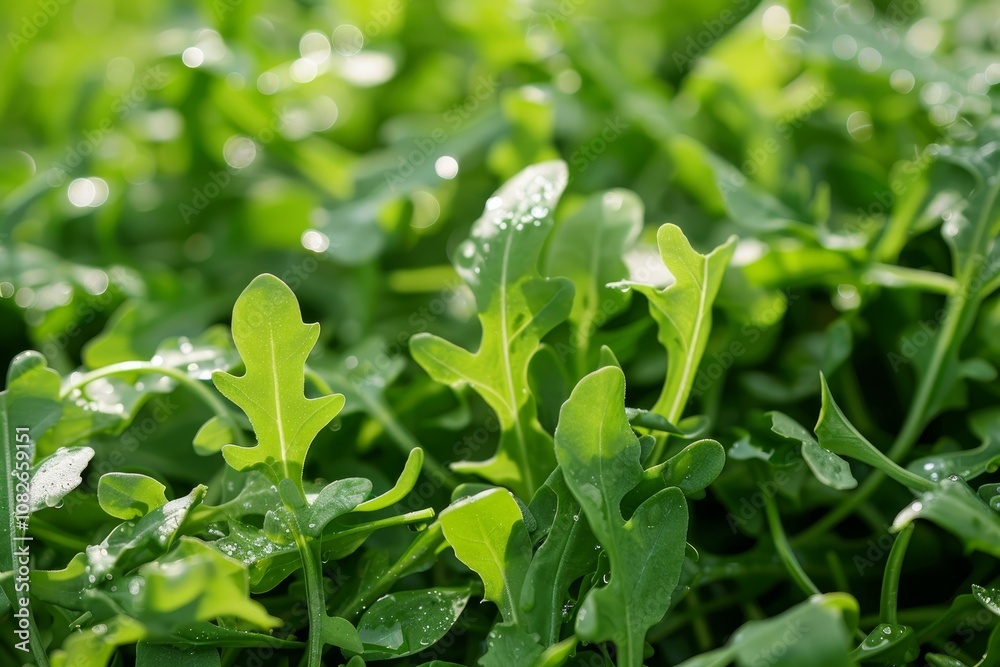Fresh arugula growing outside in a garden with water droplets on the leaves Fresh arugula growing outside in a garden with water droplets on the leaves