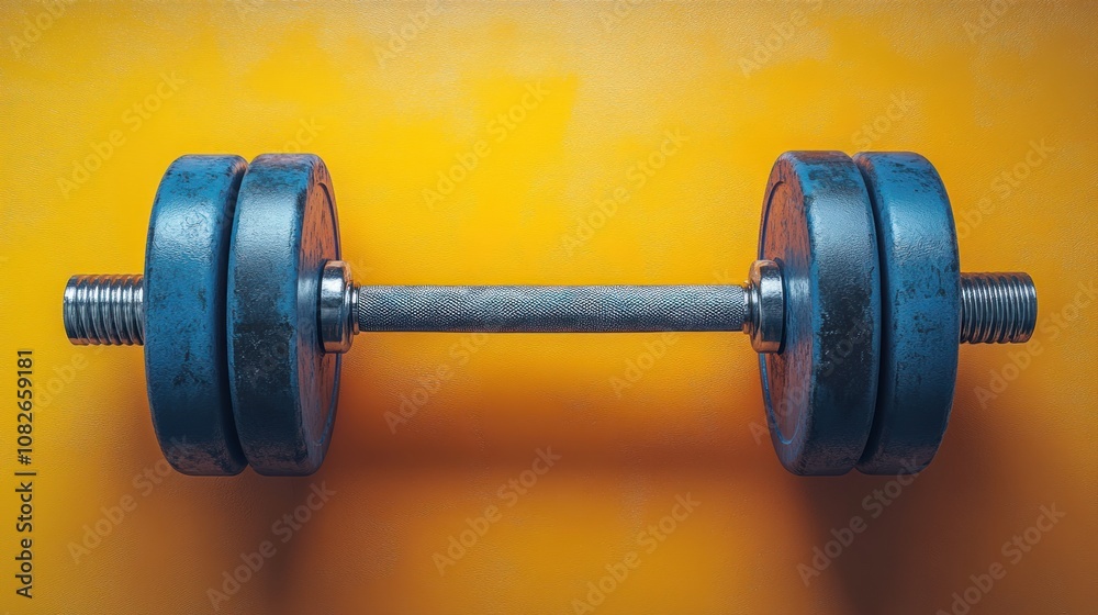 A blue dumbbell resting on a vibrant yellow background. A blue dumbbell resting on a vibrant yellow background.