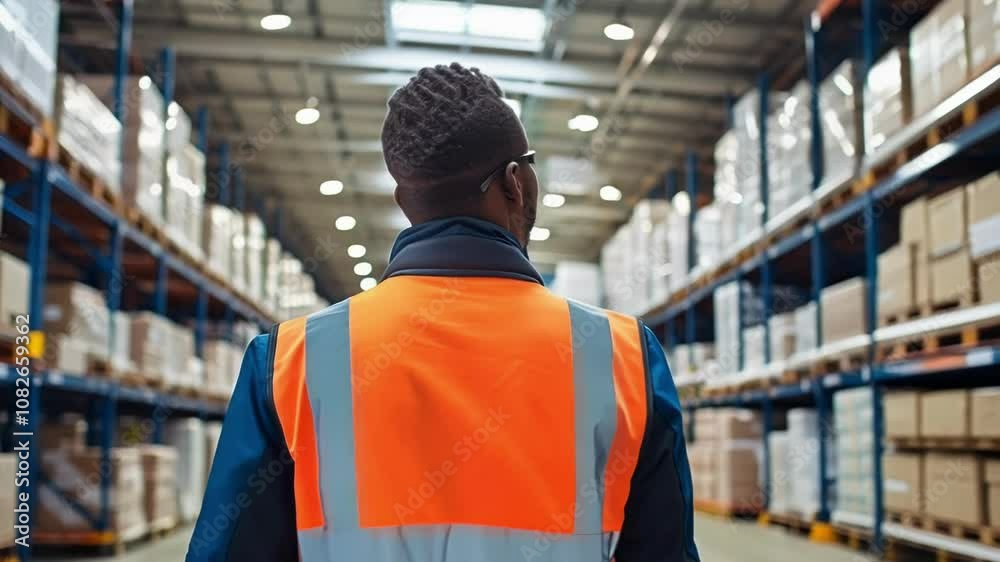Warehouse worker is walking through the aisles of a logistics center with shelves full of goods. He is wearing a safety vest and is looking at the goods stored on the shelves Warehouse worker is walking through the aisles of a logistics center with shelves full of goods. He is wearing a safety vest and is looking at the goods stored on the shelves