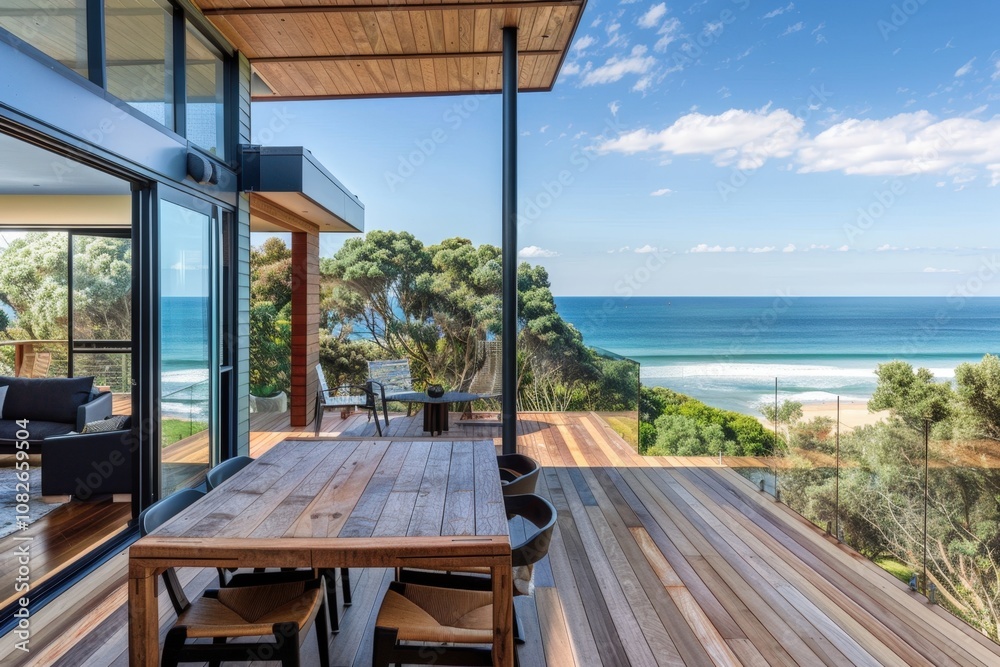 Coastal living room with ocean view overlooking a serene beach at dawn, featuring stylish furnishings and natural light streaming through large glass windows Coastal living room with ocean view overlooking a serene beach at dawn, featuring stylish furnishings and natural light streaming through large glass windows