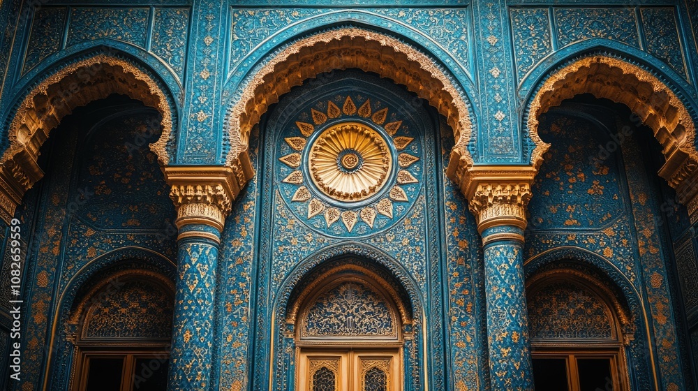 Obraz premium Ornate blue and gold facade with arched doorways and intricate floral patterns.
