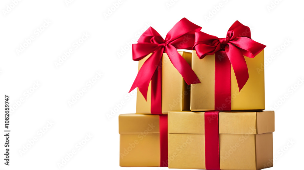 Obraz premium Christmas gift boxes with red ribbons, isolated on transparent background.