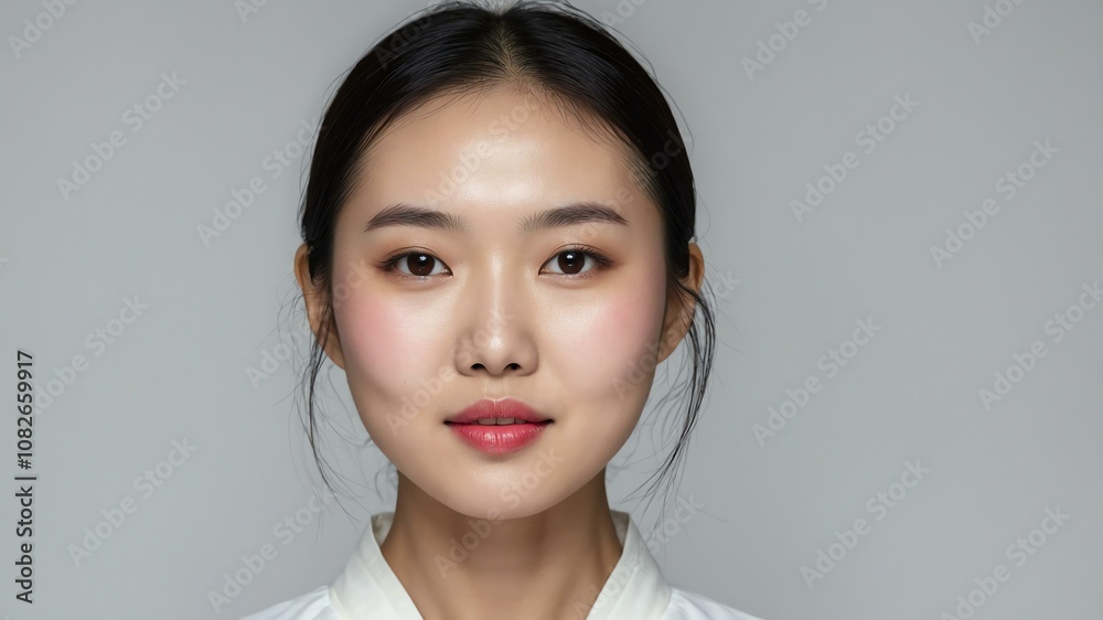 chinese woman with radiant skin on white background