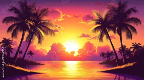 Vivid Sunset Over Calm Tropical Waters, Silhouetted Palm Trees in the Foreground, and a Brilliant Horizon with Orange, Red, and Purple Skies, Perfect for Coastal and Nature Themes