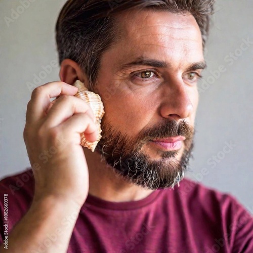 A close-up photo of a Caucasian male adult with a seashell held to his ear, deep focus on his curious expression and the details of the shell, eye-level shot capturing the sense of wonder and enjoymen photo