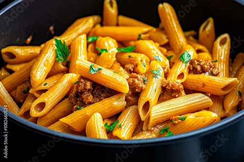 Pot of parboiled pasta, drained and ready to finish cooking in sauce photo