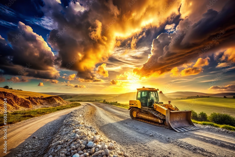 Surreal Scene of a Yellow Bulldozer Working on a Gravel Road with a Distant Motorcycle Under a Dramatic Sky, Blending Industrial and Natural Elements in an Artistic Composition Surreal Scene of a Yellow Bulldozer Working on a Gravel Road with a Distant Motorcycle Under a Dramatic Sky, Blending Industrial and Natural Elements in an Artistic Composition