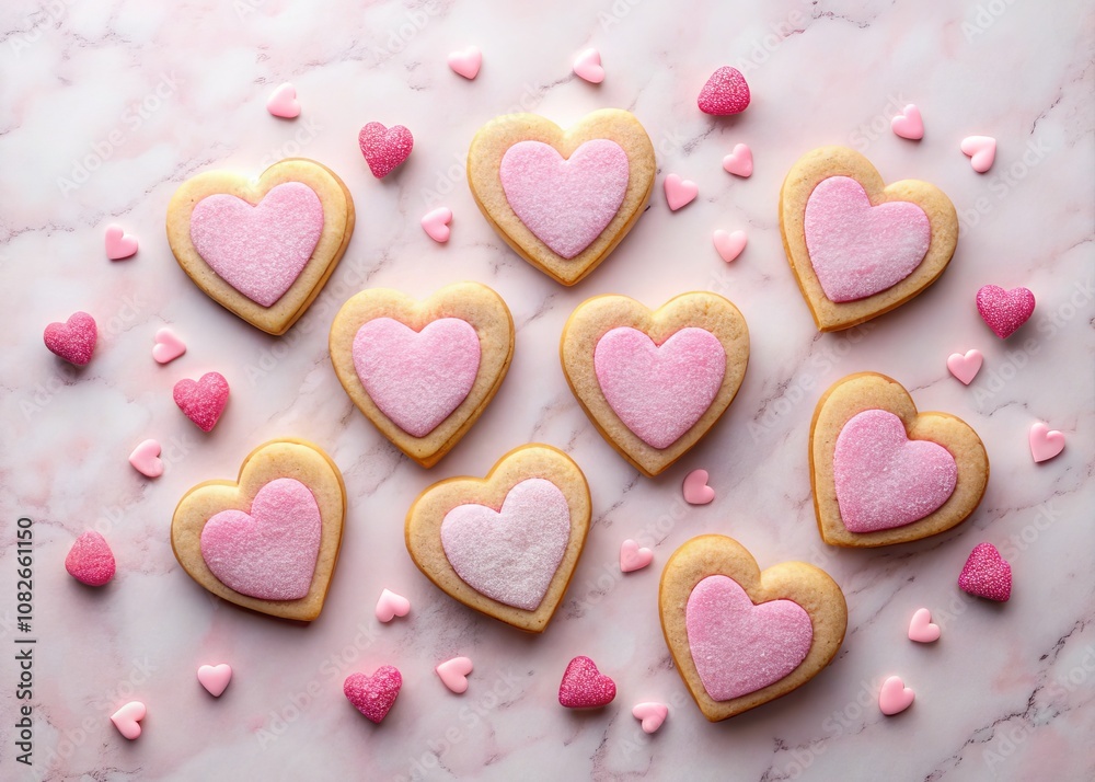 Surreal Stamped Heart Cut-Out Cookies with Pink Sugar on a Delicate Pink Marble Background, Perfect for Romantic Occasions and Sweet Treats, Emphasizing Whimsical Dessert Presentation Surreal Stamped Heart Cut-Out Cookies with Pink Sugar on a Delicate Pink Marble Background, Perfect for Romantic Occasions and Sweet Treats, Emphasizing Whimsical Dessert Presentation