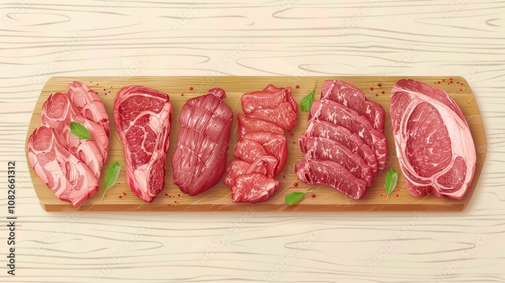 Infographic of meat cuts on a wooden board Infographic of meat cuts on a wooden board