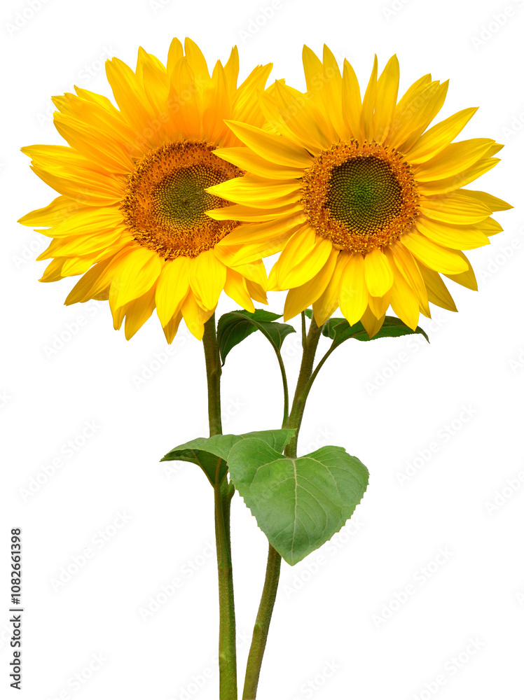 Obraz premium Two sunflowers in bouquet isolated on white background. Sun symbol. Flowers yellow, agriculture. Seeds and oil. Flat lay, top view. Bio. Eco. Creative
