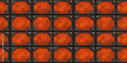medieval red square, old rusted metal, seamless tile, texture wallpaper background