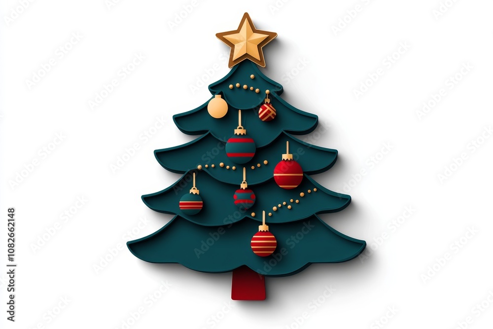 Simple 2D illustration of a Christmas tree with colorful ornaments, fun and bright on a white background Simple 2D illustration of a Christmas tree with colorful ornaments, fun and bright on a white background