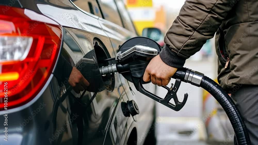 A person refuels a black car at a gas station during daylight, showcasing urban life and the importance of fuel A person refuels a black car at a gas station during daylight, showcasing urban life and the importance of fuel
