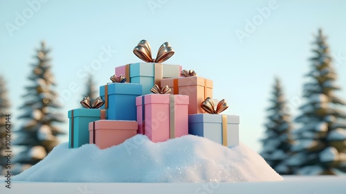 Festive Mountain of Gift Boxes Surrounded by Snow-Capped Pines - Colorful Wrapped Presents Sparkle in the Sunlight Perfect for Holiday Celebrations and Seasonal Promotions