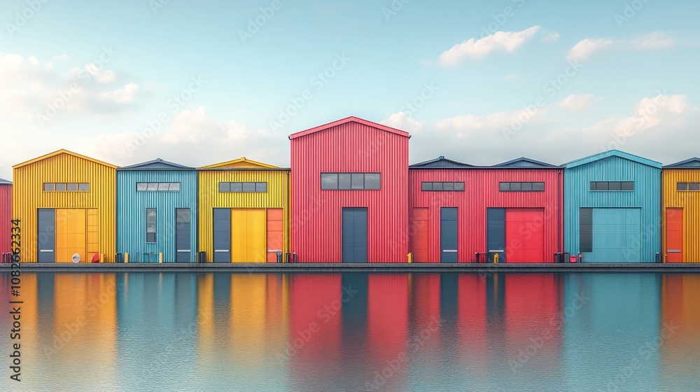 Colorful warehouses reflected in calm water under a blue sky. Colorful warehouses reflected in calm water under a blue sky.