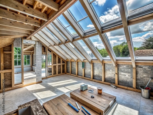 Unfinished Loft Conversion Project Showcasing Silver Insulation, Roof Windows, and Wooden Wall Structure with Copy Space for Design Ideas and Renovation Inspiration