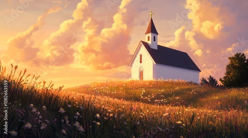 Rural Country Church Building Standing in Golden Sunset Field with Wildflowers Prairie Landscape Traditional Religious Architecture Spiritual Sacred Scene photo